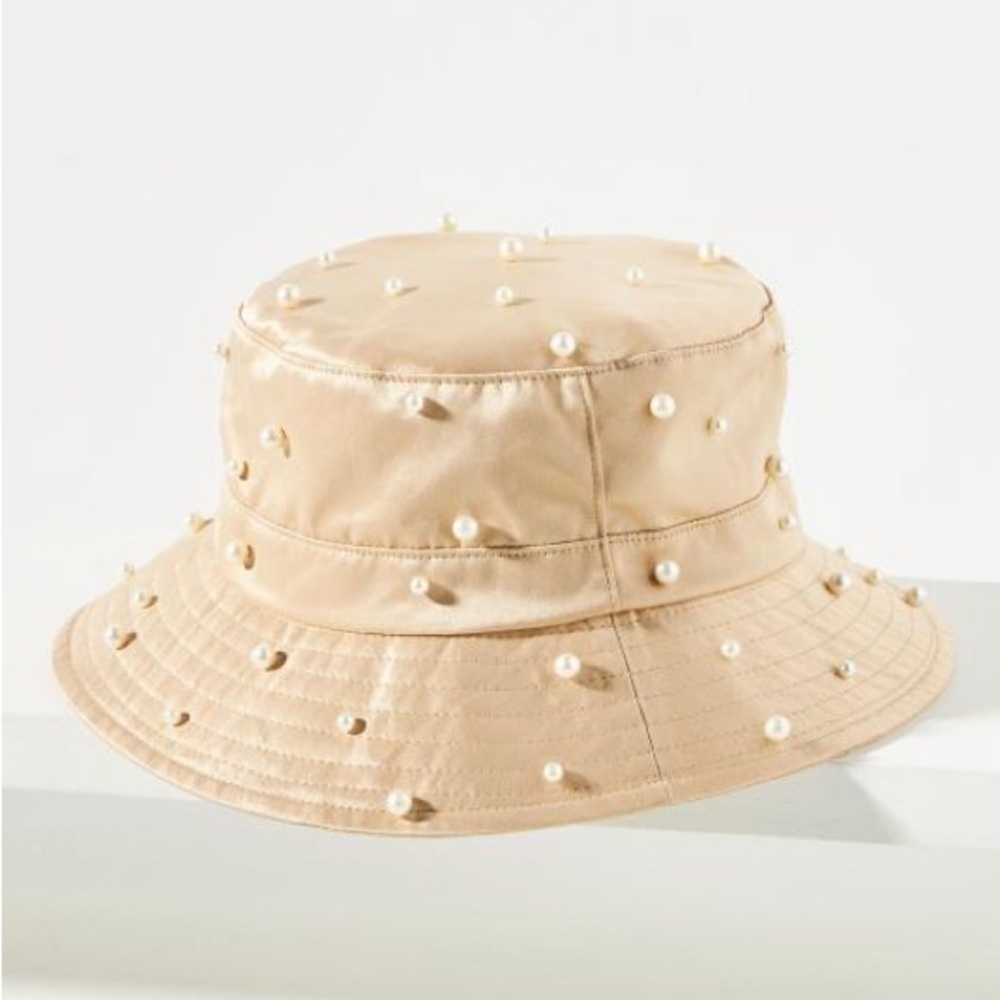 Anthropologie Wyeth Beige Pearl-Embellished Bucket Hat